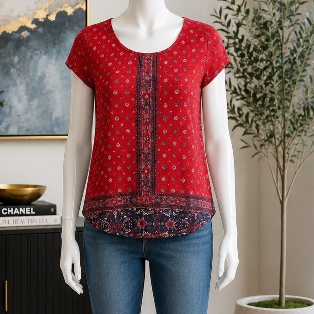 Lucky Brand Womens T-Shirt Red Boho Floral Linen Blend Scoop Neck Small